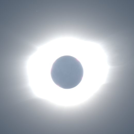 Eclipse frame at 3 s: the faintest outer corona and the twilight sky, everything inside heavily overexposed.