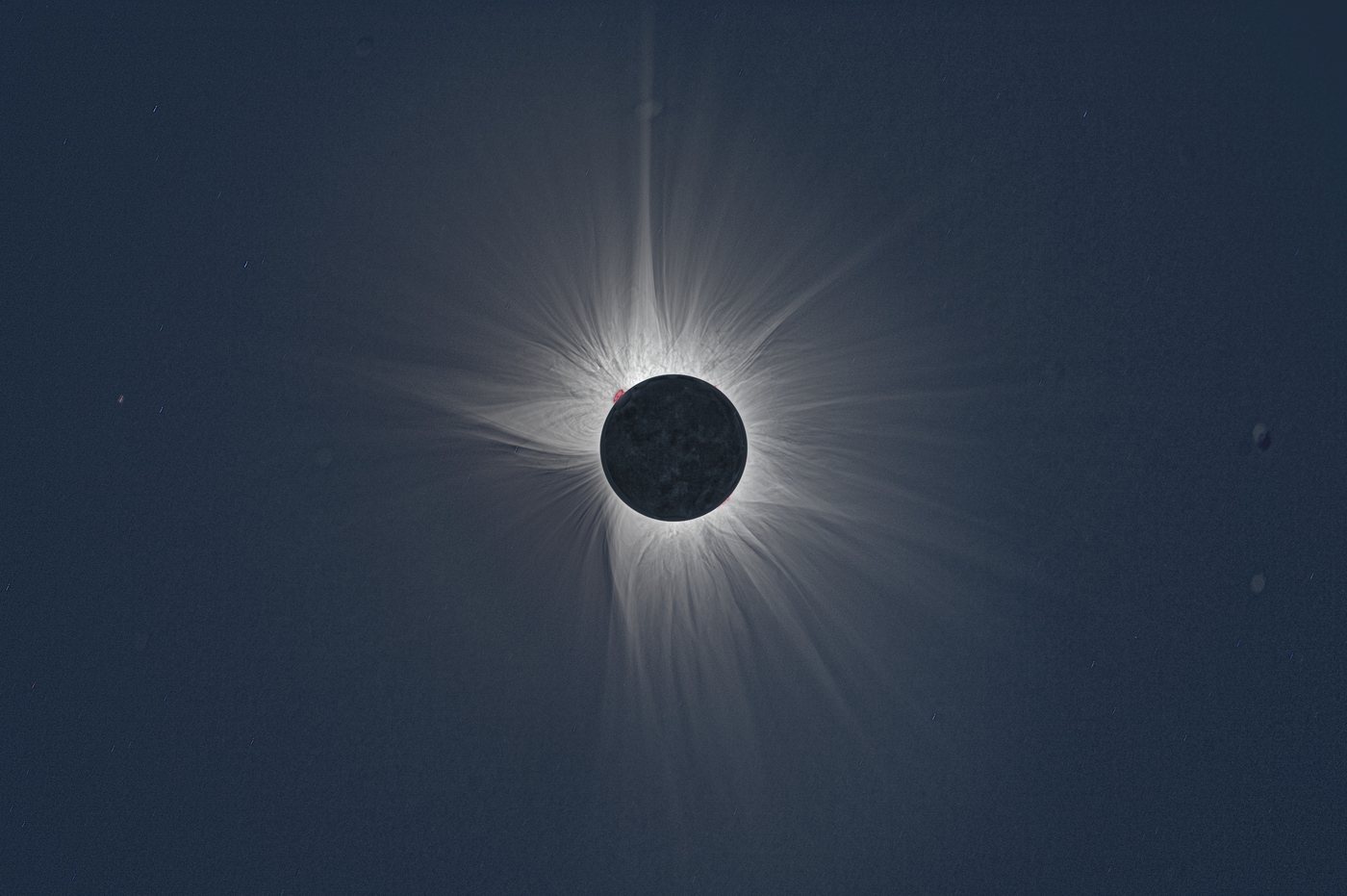 Total solar eclipse corona, 2026, photographed from Spain with the Sun low in the sky.